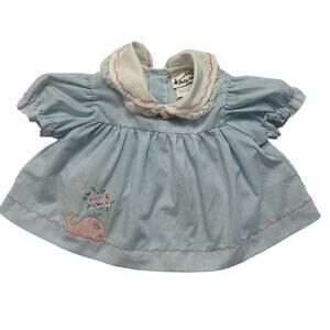 Vintage BABY TOGS 80s Blue White Stripe Whale Nautical Baby Dress Size 6-9 month
